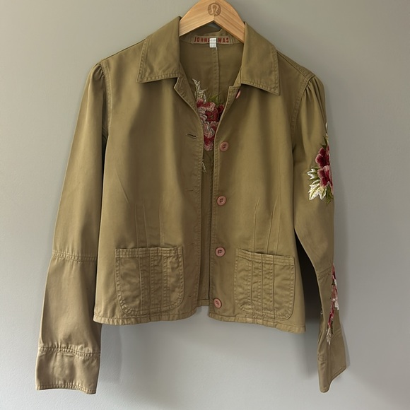 Johnny Was Embroidered Floral‎ Jacket Coat Size Small Tan Khaki Pink Green - Picture 5 of 8
